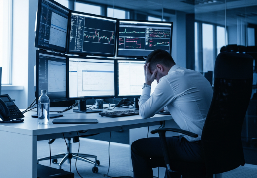 Analyst working with multi-monitor trading desk